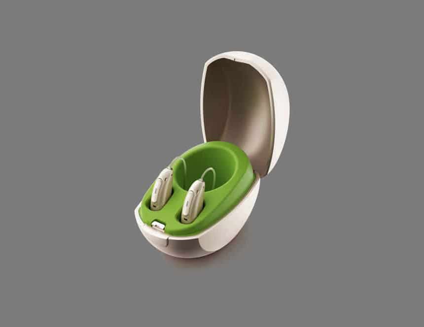 Phonak Marvel hearing aids in a recharging case